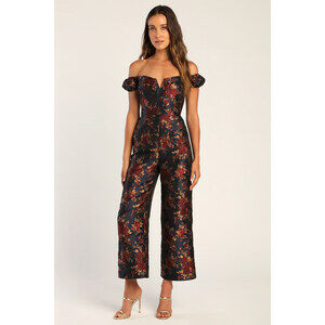 New Glam Midnight Blue Floral Jacquard Off-the-Shoulder Jumpsuit
